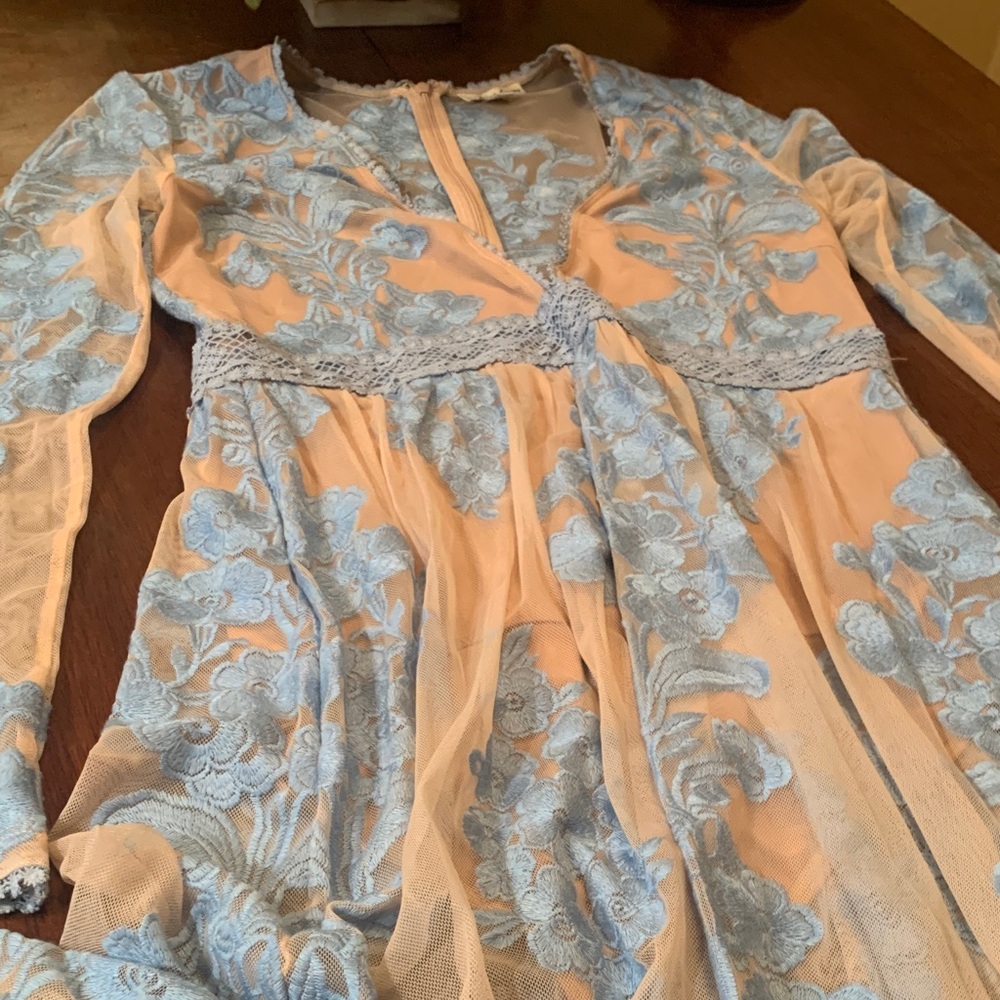 Sexy For Love And Lemons Light Blue Lace Floral Top with body suit under, size L